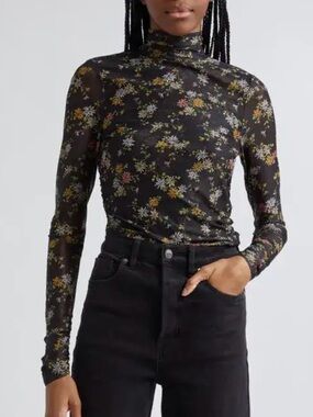 Cinq a Sept Floating Daisies shirred Mesh Mock Neck shirt sz L